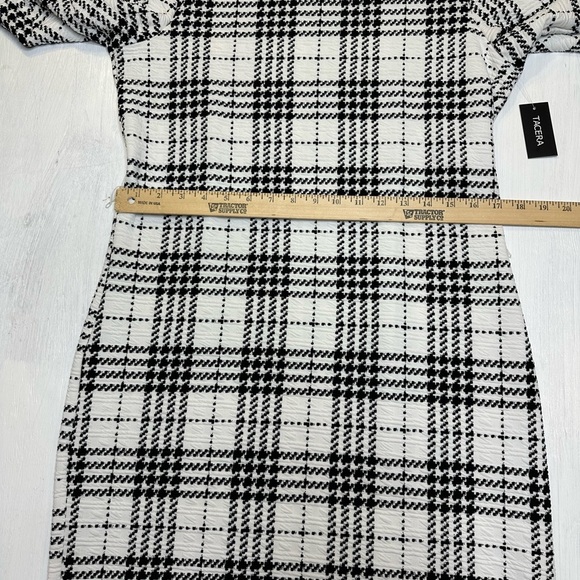 TACERA Black White Plaid Textured Midi Dress L Stretch 3/4 Sleeve Knit NWT - Picture 5 of 10